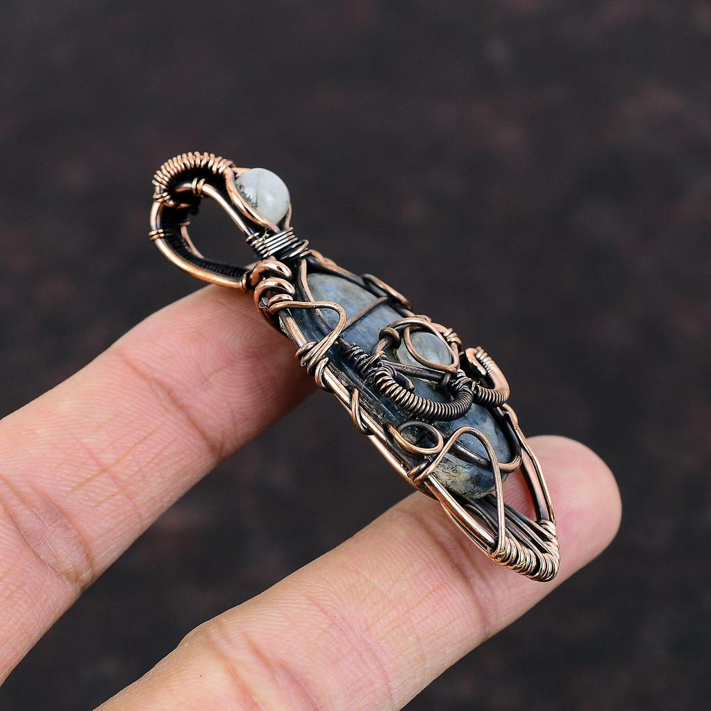 Подвеска с кианитом от сглаза, медная проволока, кулон, ювелирные изделия из драгоценных камней, подвеска из радужного лунного камня, медные украшения, кулон ручной работы, подарок для него