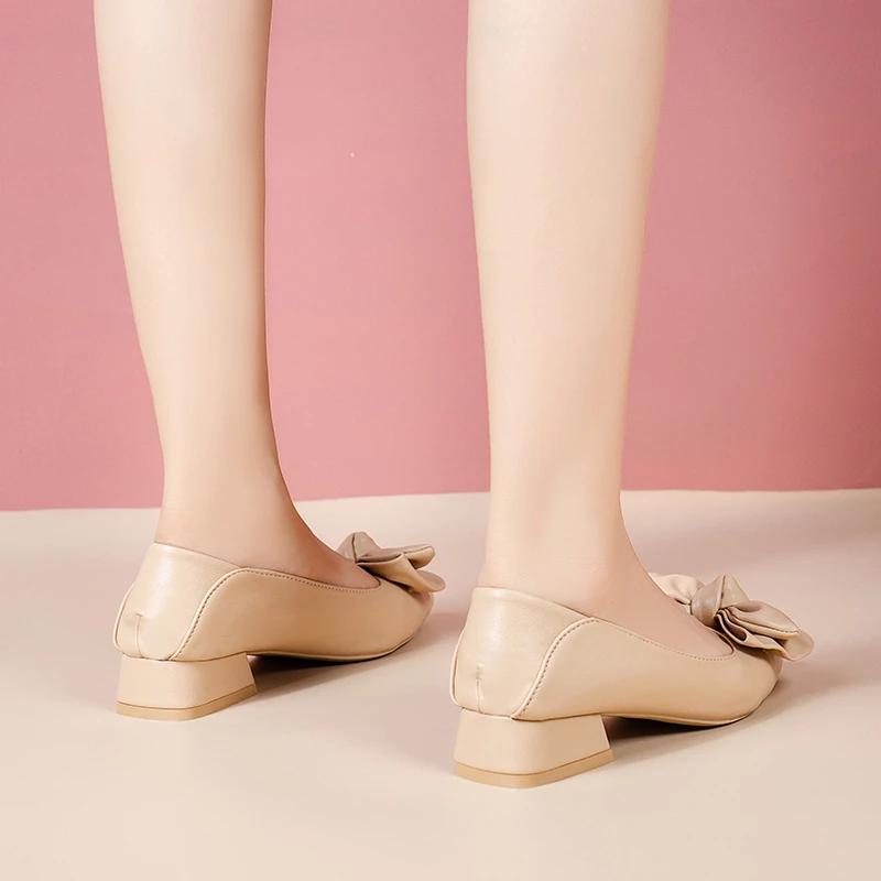 Модные туфли на среднем каблуке, летние и весенние, с острым носком и бантом, женские туфли 2024 года, туфли-лодочки на квадратном каблуке, дышащие, неглубокие, без застежек, женские туфли