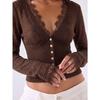 Womens Lace Trim Solid V Neck Long Sleeve Slim Fit Knit Cardigan Top