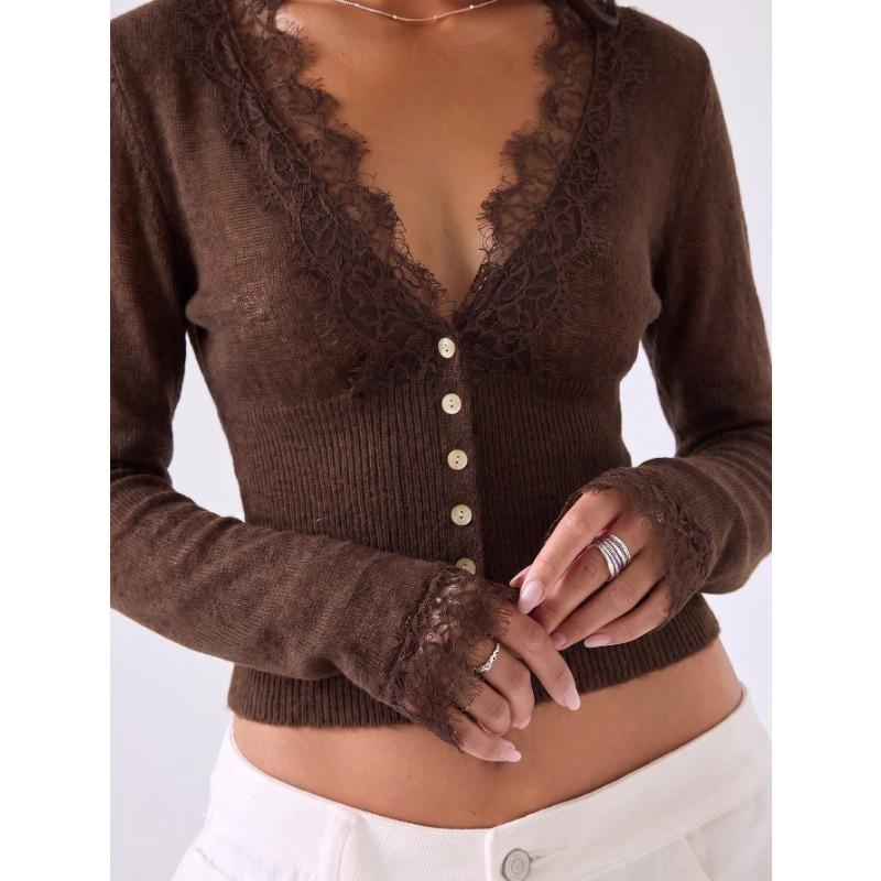 Womens Lace Trim Solid V Neck Long Sleeve Slim Fit Knit Cardigan Top