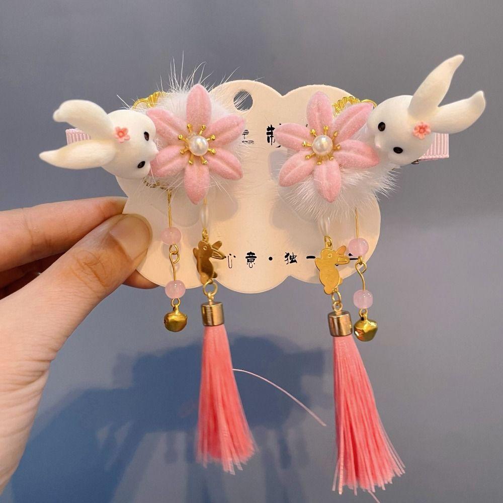 Ancient Girls Velvet Headwear New Year Headdress Kids Barrettes Rabbit Tassel Hair Clips Children Hairpin Hair Accessories