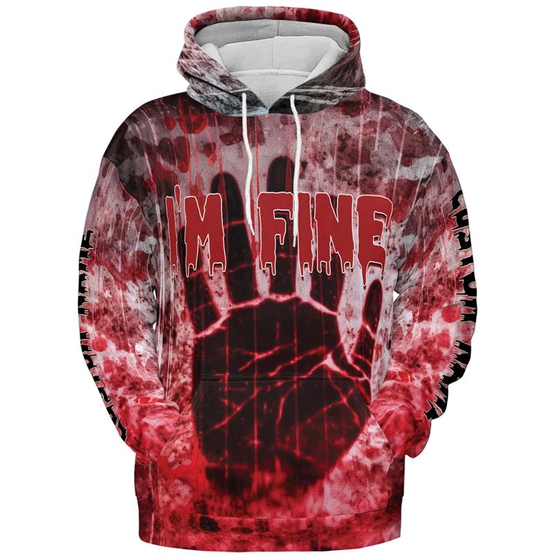 Хэллоуин У меня все хорошо Графические толстовки Мужские 3D-печать Рисунок крови Толстовка Праздничные пуловеры с длинным рукавом Осенняя уличная толстовка