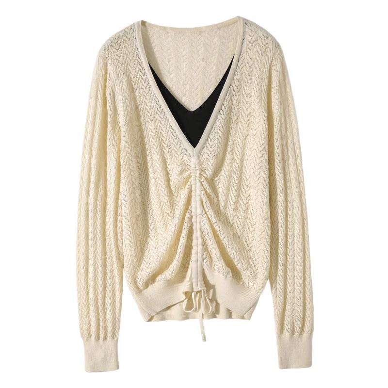 Spring and Autumn Women's Hollow V-neck Knit Sweater Loose Thin Sweater