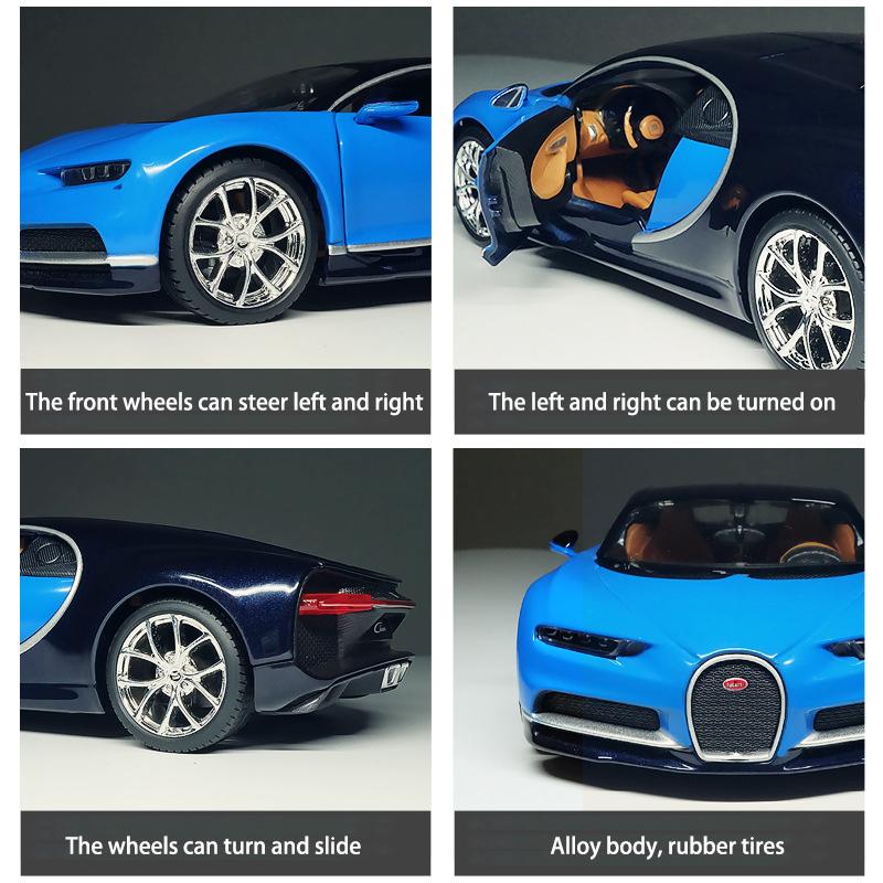 1:24-масштабная модель автомобиля Bugatti Chiron, игрушки для мальчиков, игрушки в возрасте от 3 до 12 лет, транспортные средства с откатным механизмом, музыкальными дверями и открывающимся капотом