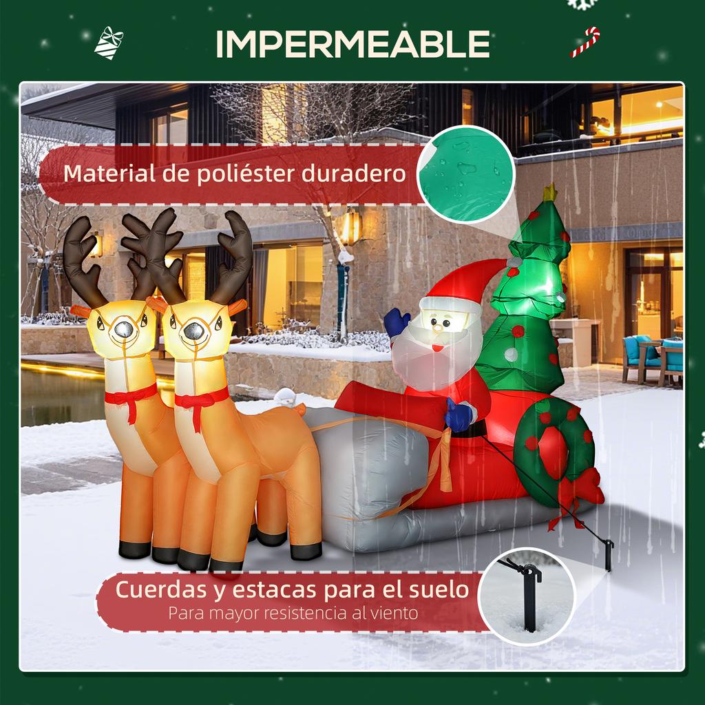 Inflatable Santa Claus with Sleigh and Inflatable Christmas Reindeer with LED Lights for Outdoor and Indoor Use 216x90x150 cm