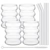 4 Pcs Creative Glass Cups Cute Ripple Shaped Vintage Drinking Glasses Ribbed Glassware with Straws Set for Kitchen Coffee Juice