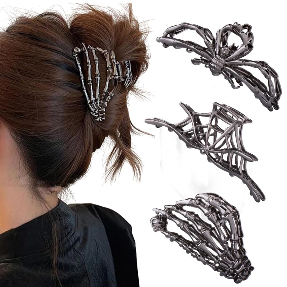3PCS Black Spider Web Skeleton Hand Skull Hair Claw Clips for Women And Girls, Hiphop Metal Large Medium Size for Thick Thin Hair