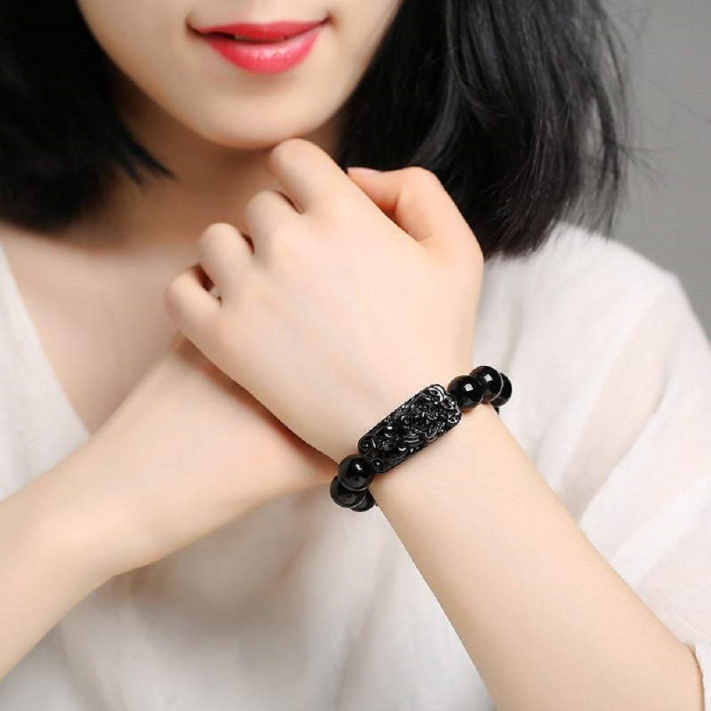 Feng Shui Pixiu Women Attract Wealth Wristband Bracelets Obsidian Stone Beads Good Luck Bangle