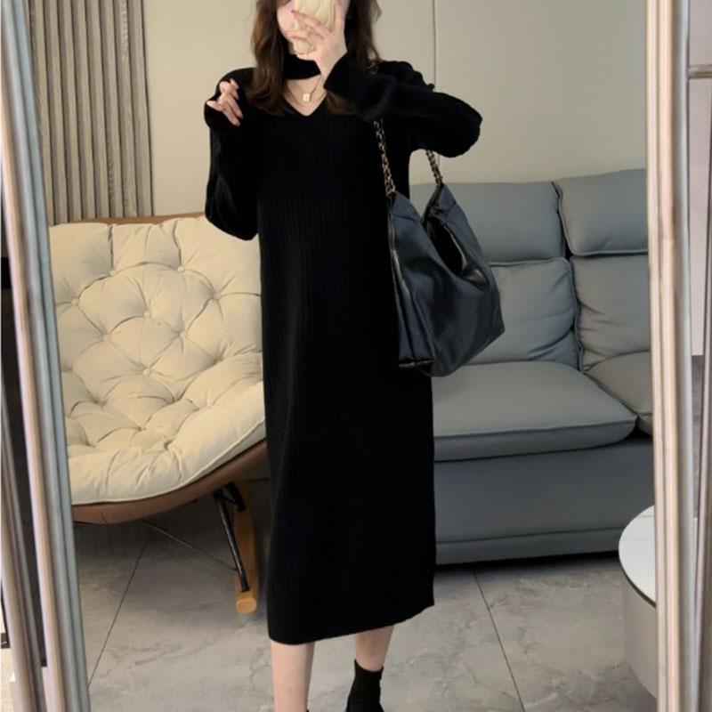 Высококачественное одинаковое пальто, вязаное длинное платье-свитер, женское осенне-зимнее свободное однотонное платье-свитер с v-образным вырезом, нишевое платье, пуловер, женский