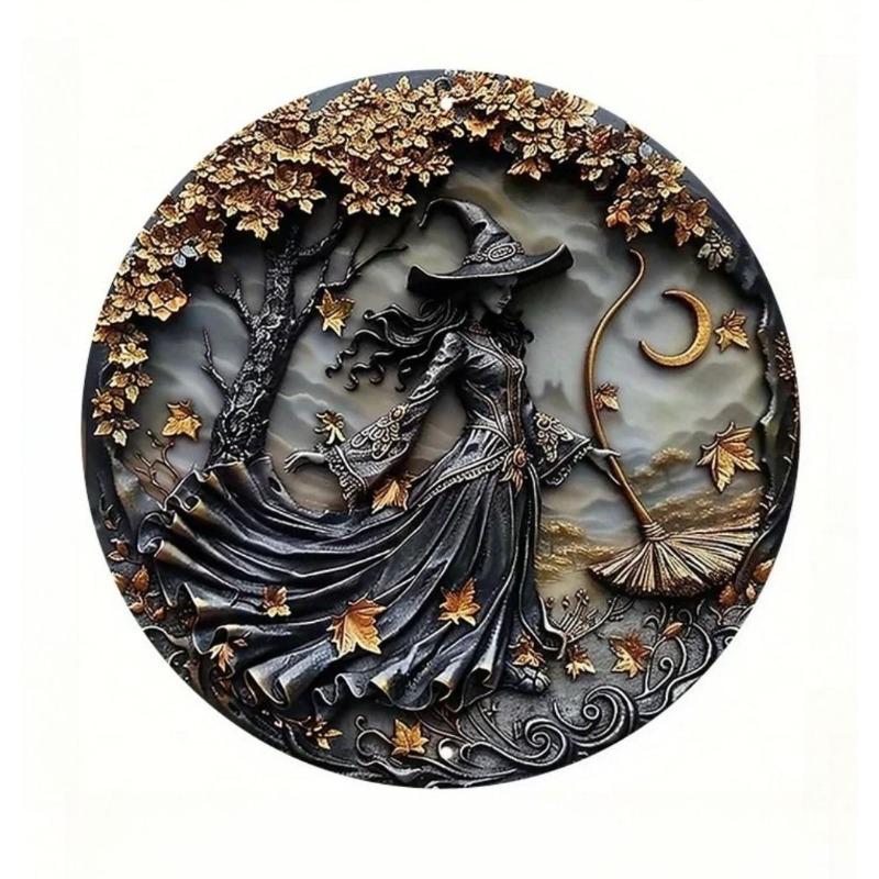 Witch Broom Halloween Sign, Round Aluminum Wall Plaque 20x20cm