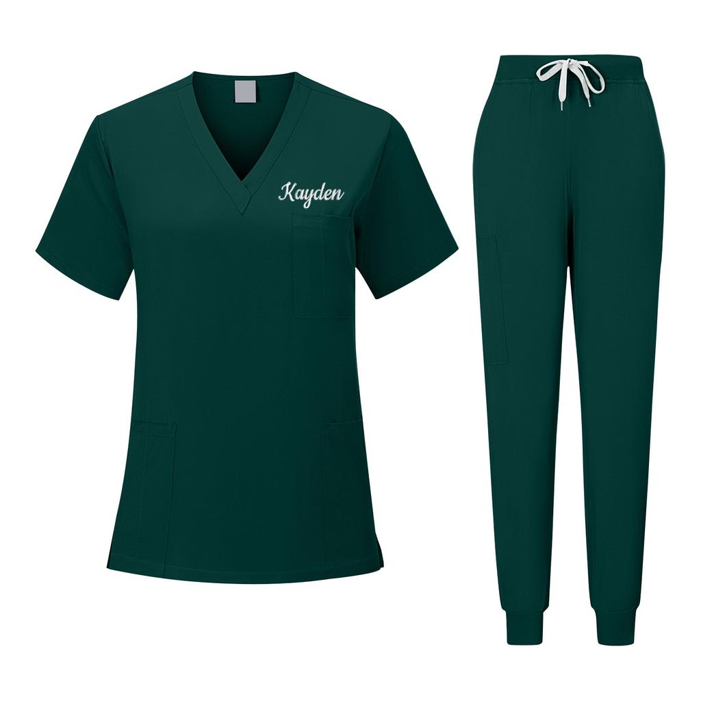 Персонализированный Пользовательский Вышитый Текст Унисекс V-образный вырез Однотонный Быстросохнущая Ткань Тонкая Клиническая Рабочая Одежда Одежда для Ручной Стирки Одежда