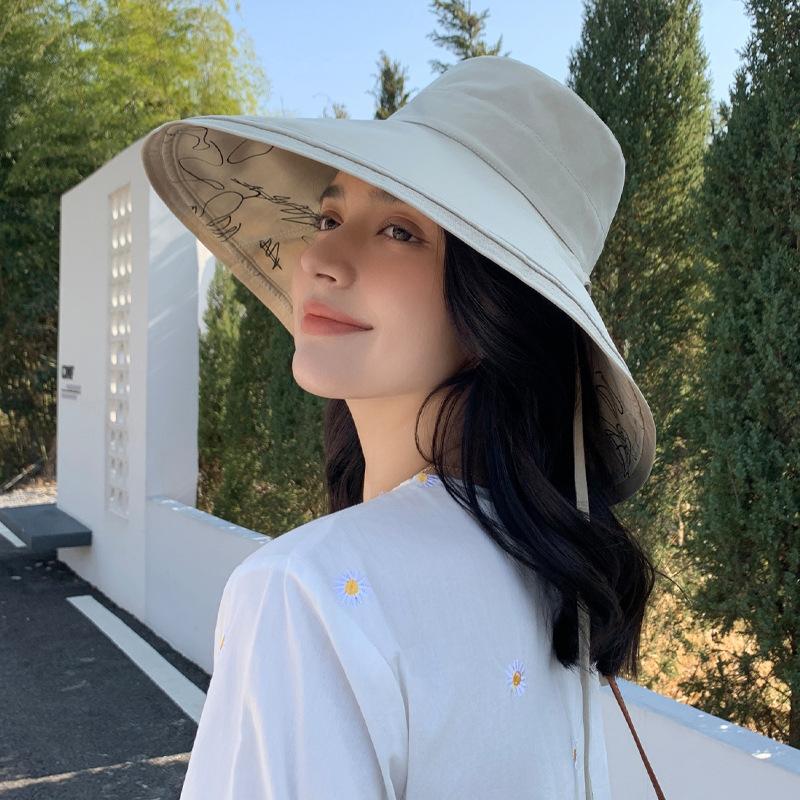 Summer New Hat Women Wear Double-sided Printed Big Edge Bucket Hat Big Brim Sun Protection Sun Hat Seaside Too