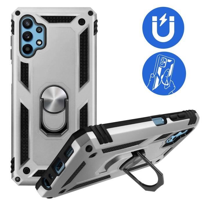 Coque pour Samsung A32 5G (6,4") Argente Anneau Support Metal Bordure Silicone Plaque Métallique Au Dos Solide