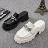 New Women Mules Black Leather Platform Silver Chain Squared Toe Casual Chunky Heels Rubber Lightly Summer Shoes Female