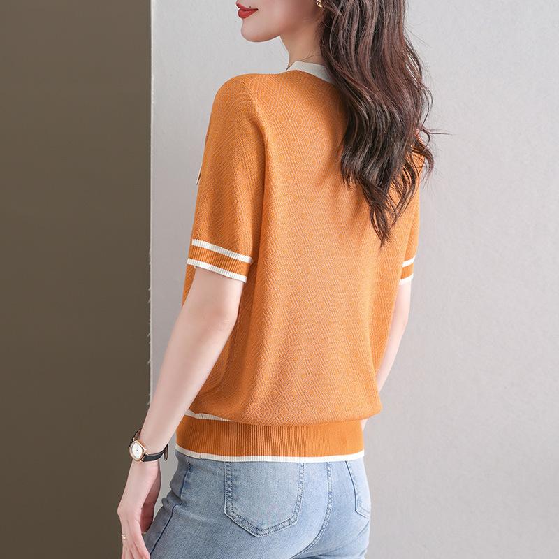 Женская летняя мода с V-образным вырезом Tencel Top Clashing Ice Silk Knit Футболка с коротким рукавом