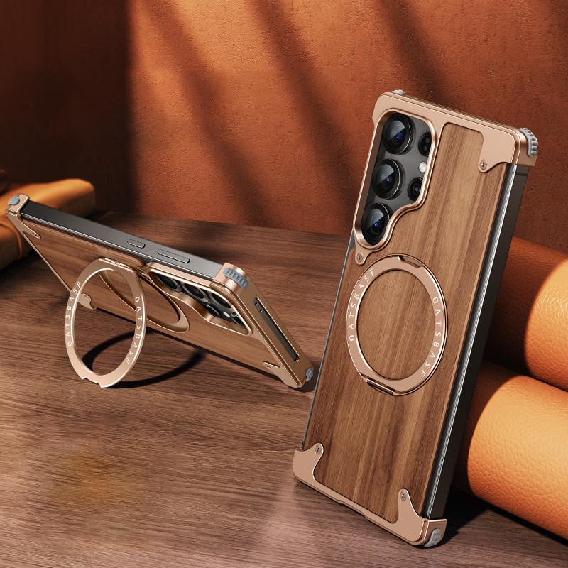 Деревянный чехол Eary для Samsung Galaxy S26 S25 Ultra с магнитной подставкой, вращающийся на 360°, безрамный, противоударный, защитный чехол