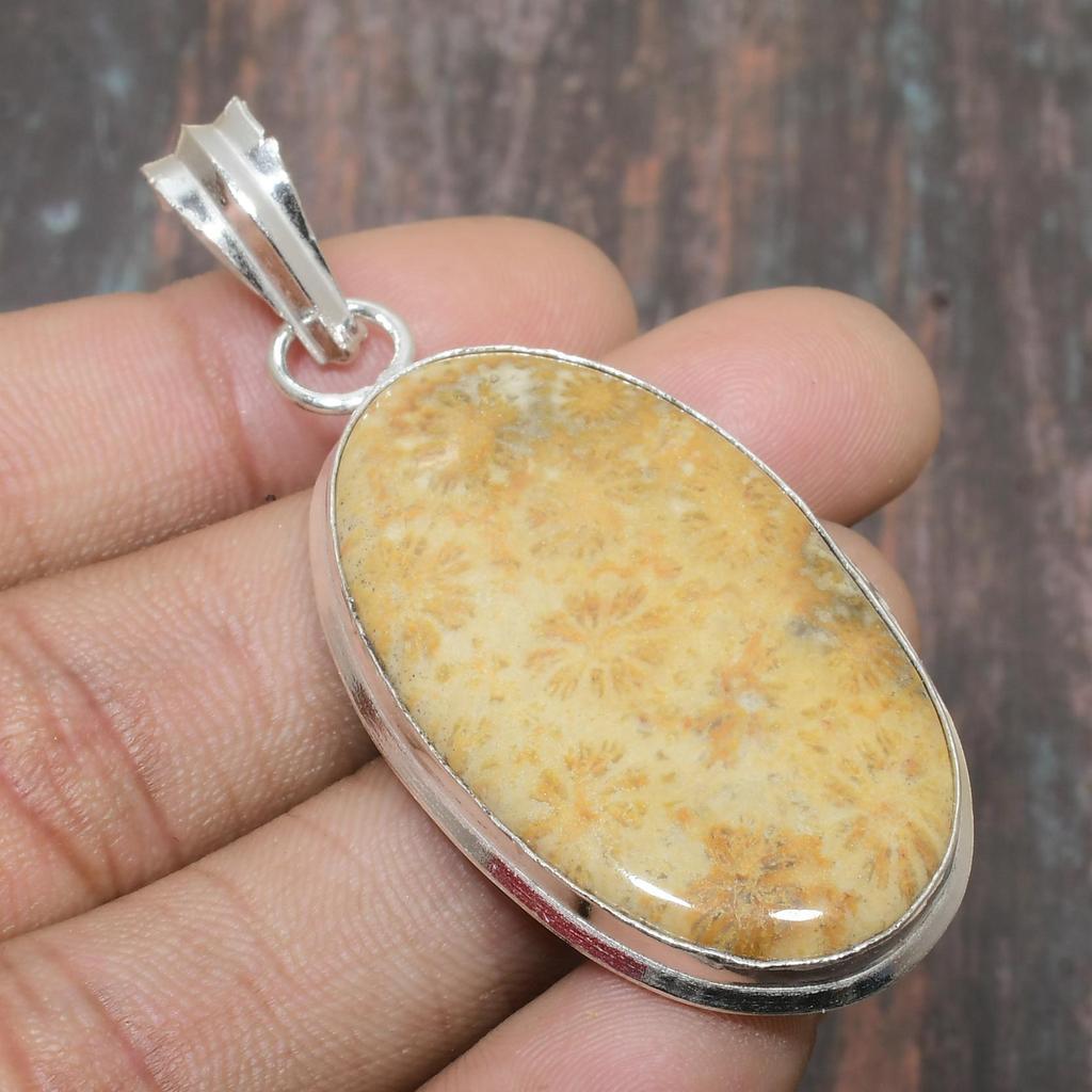 Fossil" Coral Gemstone Handmade 925 Sterling Silver Jewelry Pendant For Thanksgiving