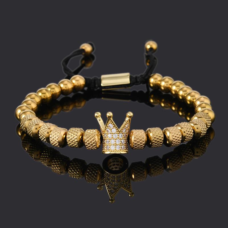 Luxury Stainless Steel Beads Royal Gold Crown Charm Man Bracelet Handmade Women Jewelry Gift