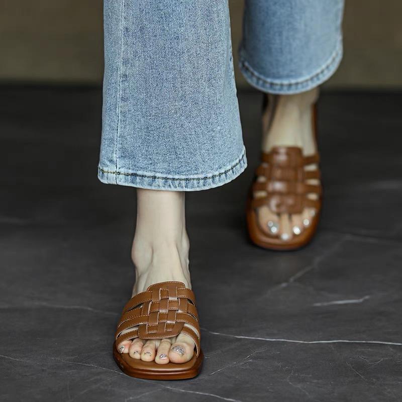 Модные французские модные винтажные сандалии и тапочки женские летние верхние нескользящие тапочки плетеные мягкие подошвы женская обувь сплошной цвет