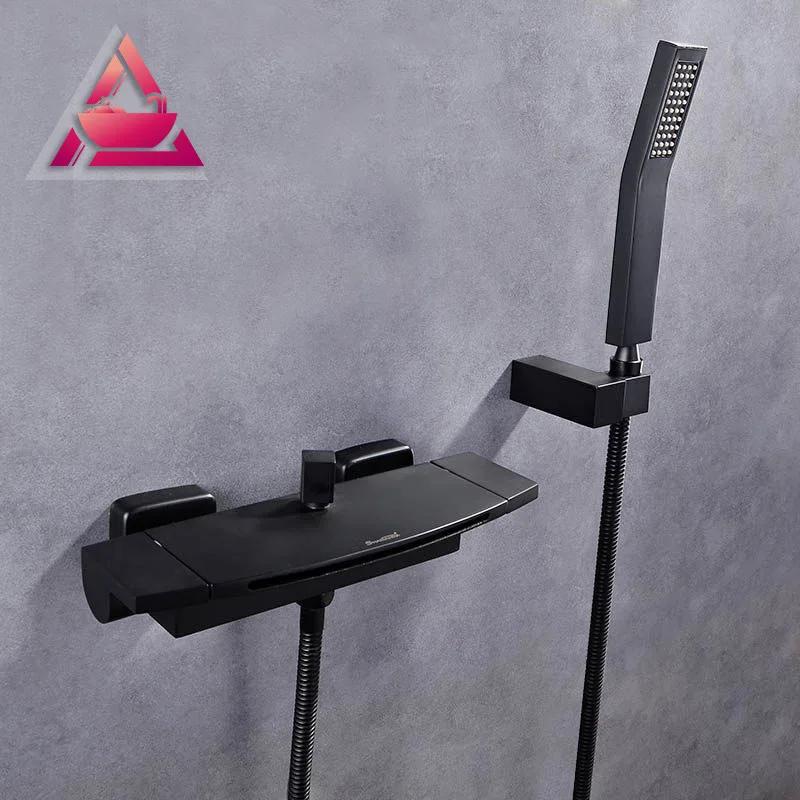 Хромированный водопадный душ, набор для ванны, черный ретро-смеситель для душа, кран для ванны с двумя ручками, ручная головка для душа