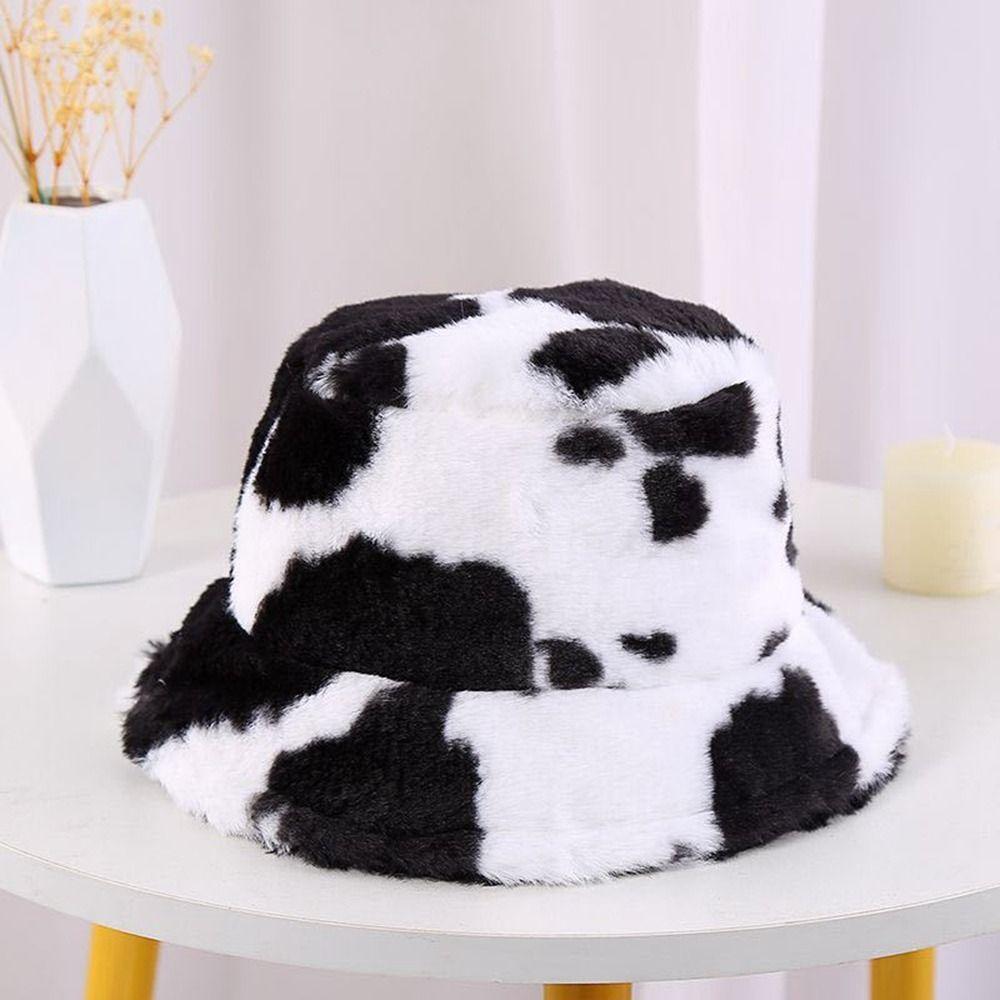 Women Autumn and Winter Panama Hats Flannel Bucket Hat Cow Print Caps Korean Style Caps Female Hats