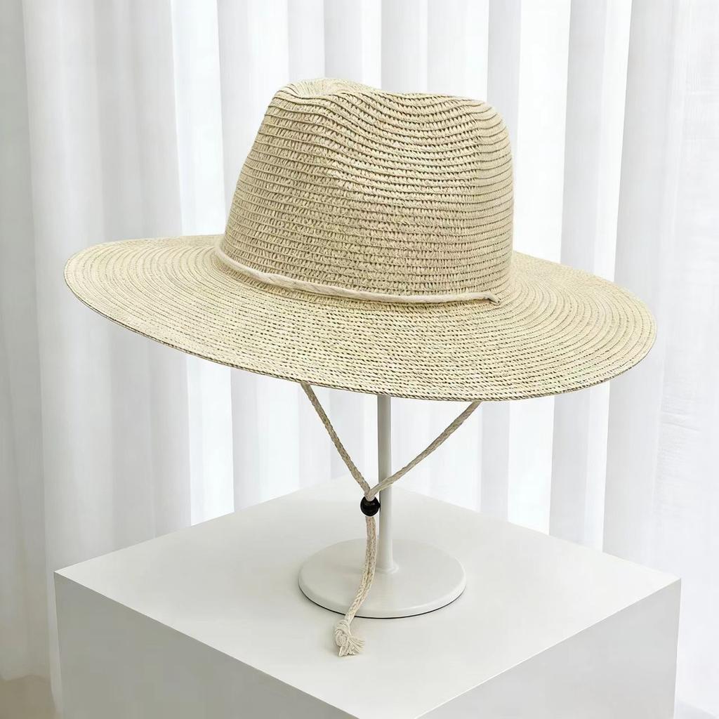 Summer new lanyard large brim sunshade beach straw hat unisex versatile outdoor hiking sun hat