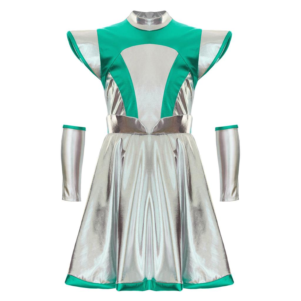 Girls Alien Cosplay Costume - Shimmering PU Patchwork Dress with Cap Sleeve & Arm Sleeve for Halloween Party