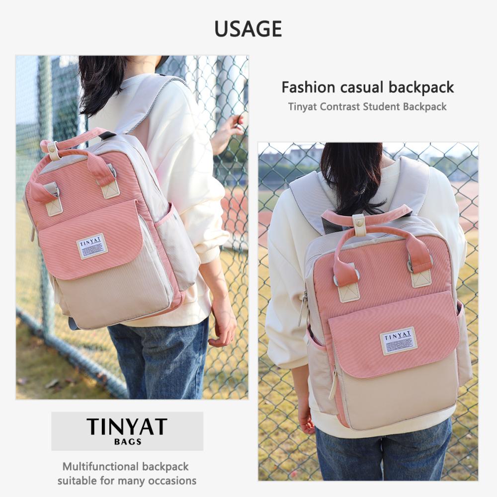 TINYAT Candy Women Canvas Backpack Waterproof Feminina Laptop Backpack 15 Pink Patchwork School Backpacks Bags for Teenage Girls