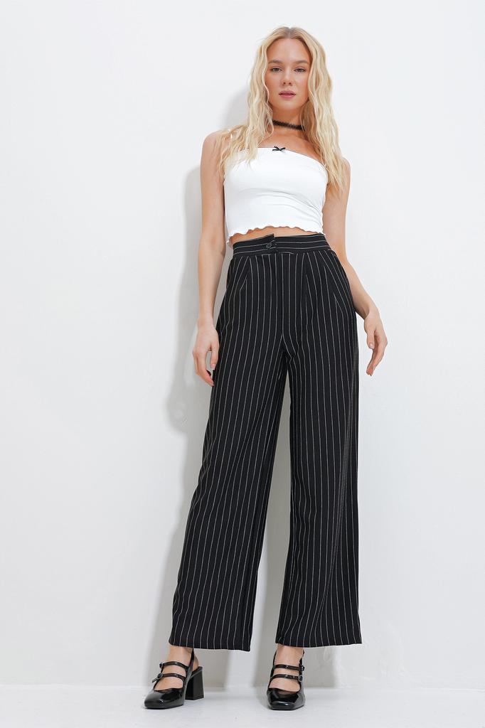 Women's Trousers New Season Fashion Black Striped Double Pocket Palazzo Knitted Trousers