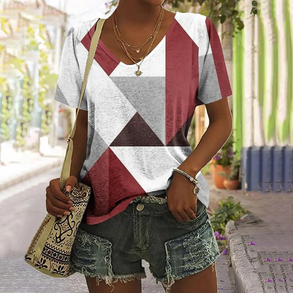 Винтажная лоскутная женская футболка, топы с клетчатым принтом, женская одежда, пуловер в стиле Харадзюку с v-образным вырезом, летние футболки большого размера с короткими рукавами