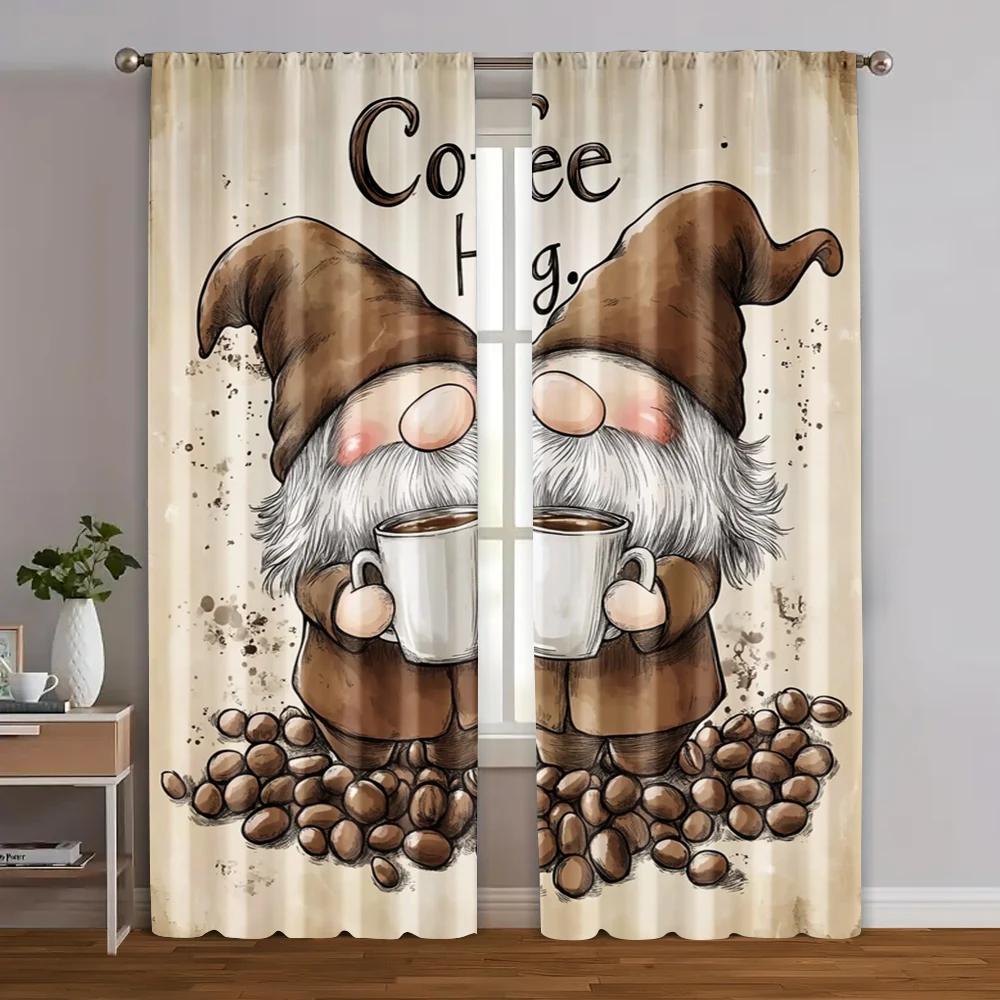2pcs, Light Filtering Curtains Coffee Gnome Versatile Durable Polyester (without rod) Gifts Perfect for Living Room, Bedroom,