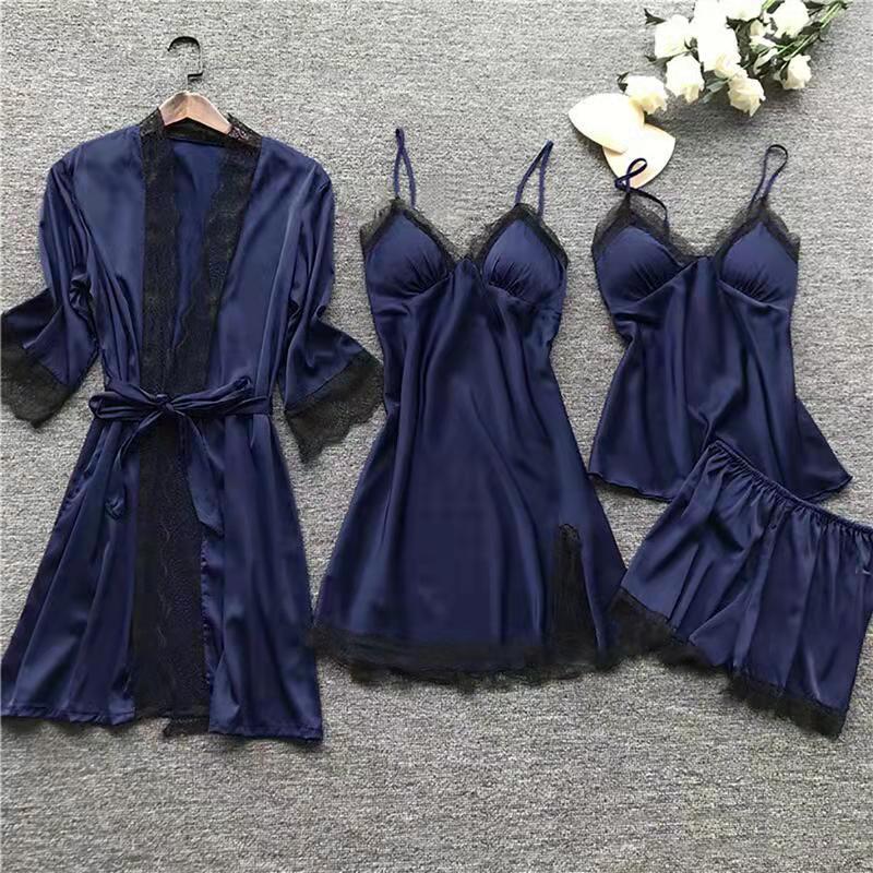 Women Cami Shorts Nightgowns Pyamas Set of Satin Fabric Breathable Pajamas Set with Robes 5 PCS Pajamas Set Sleepwear Lounge Wear Nightgowns