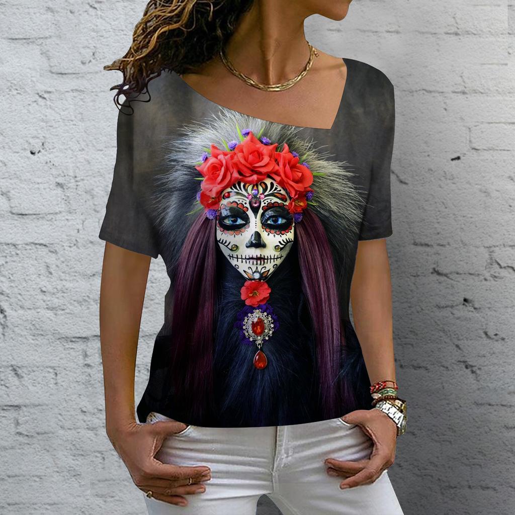 Лето 2023, винтажная женская футболка с изображением черепа, топы с v-образным вырезом, повседневный хлопковый пуловер с короткими рукавами, женская уличная одежда в стиле Харадзюку в стиле панк