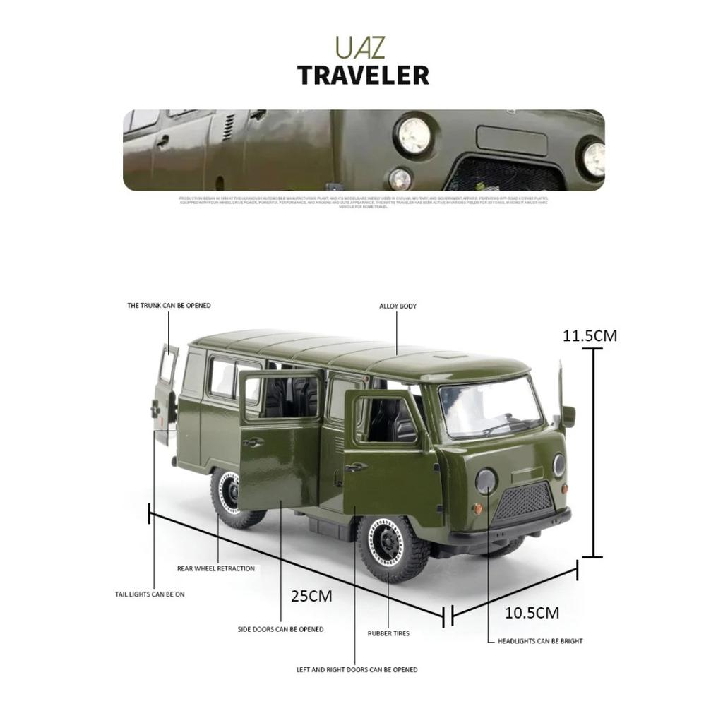 New 1/18 Russian UAZ TRAVELER 452 VAN Alloy Diecasts & Toy Vehicles Metal Toy Car Model Sound and Light Collection Kids Toy