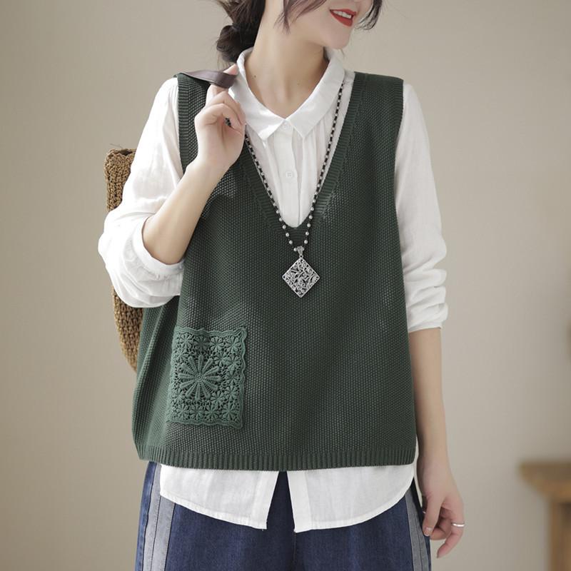 Knitted Vest for Women Spring and Autumn V-neck Thread Knitted Vest Loose Vest for Women Korean Lace Hook and Flower Pullover Casual Layering Camisole
