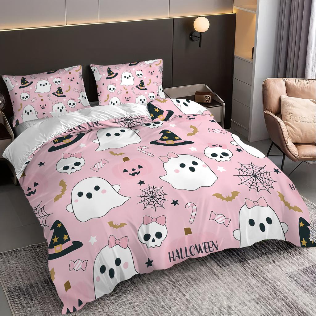 3pcs Halloween Themed, Cartoon Ghost, Spooky Pattern Bedding Set, 1*quilt Cover+2*pillowcase, Halloween Home Decoration