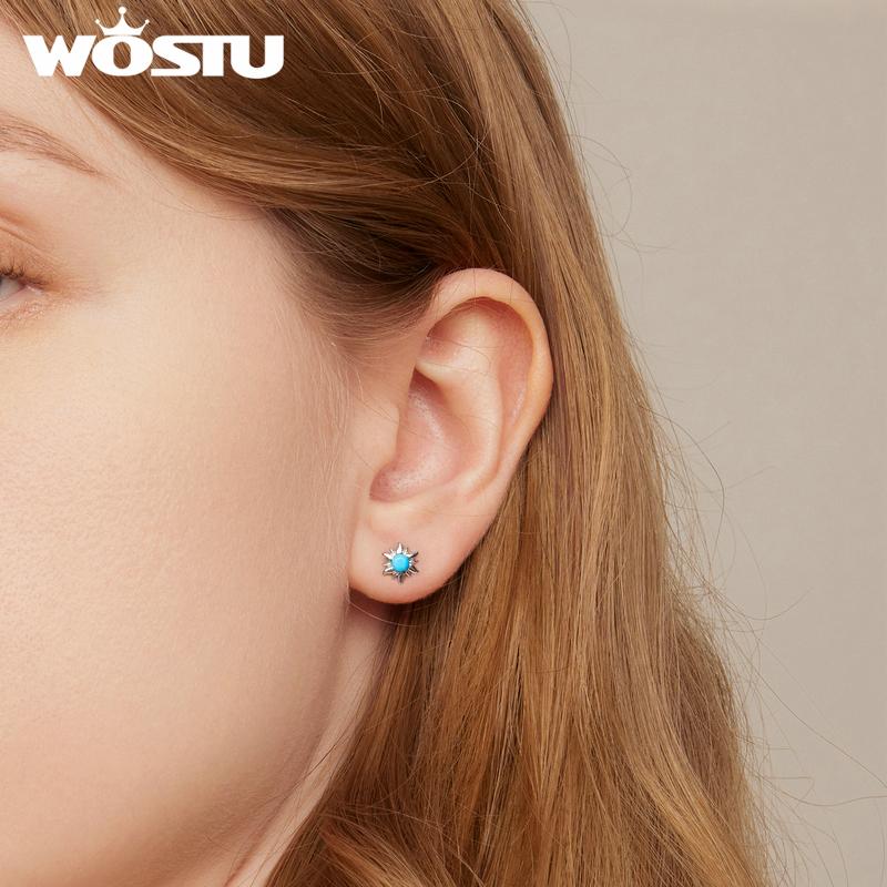 WOSTU 925 Sterling Silver Tiny Sun Stud Earrings for Women Trendy Fine Wedding Jewelry Blue Turquoise Piercing Earrings