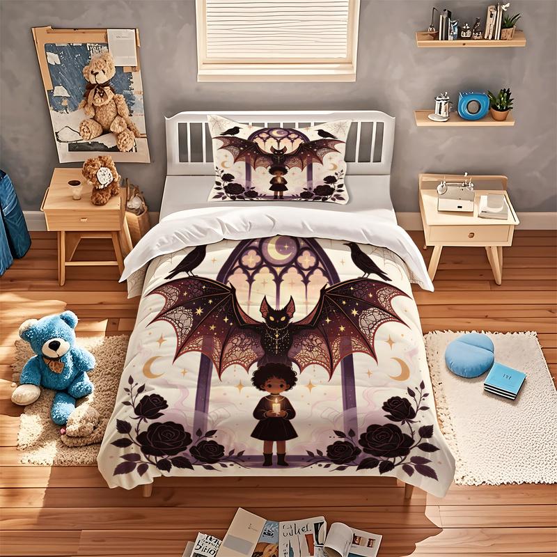 Gothic Halloween Duvet Cover Set Vintage Pumpkin Rose Bat Moon Print Bedding Set Fashion Quilt Cover Set Bedroom Home Decor Gift