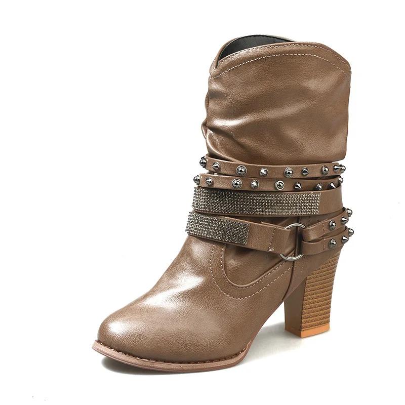 Модные осенние ботильоны на высоком каблуке для женщин, туфли на платформе и платформе с кристаллами, короткие ботильоны с пряжкой и заклепками 2024