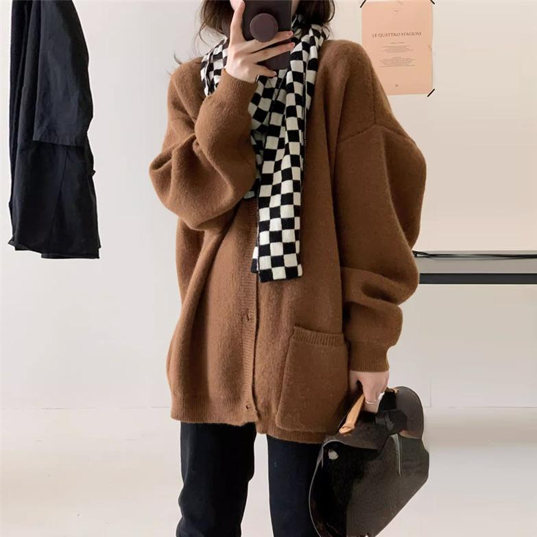 Autumn Women Sweater Knitting Basic Fashion Tops Tees Pockets Cardigan Long Sleeve Korea Shirt Loose Casual Show Thin Coat