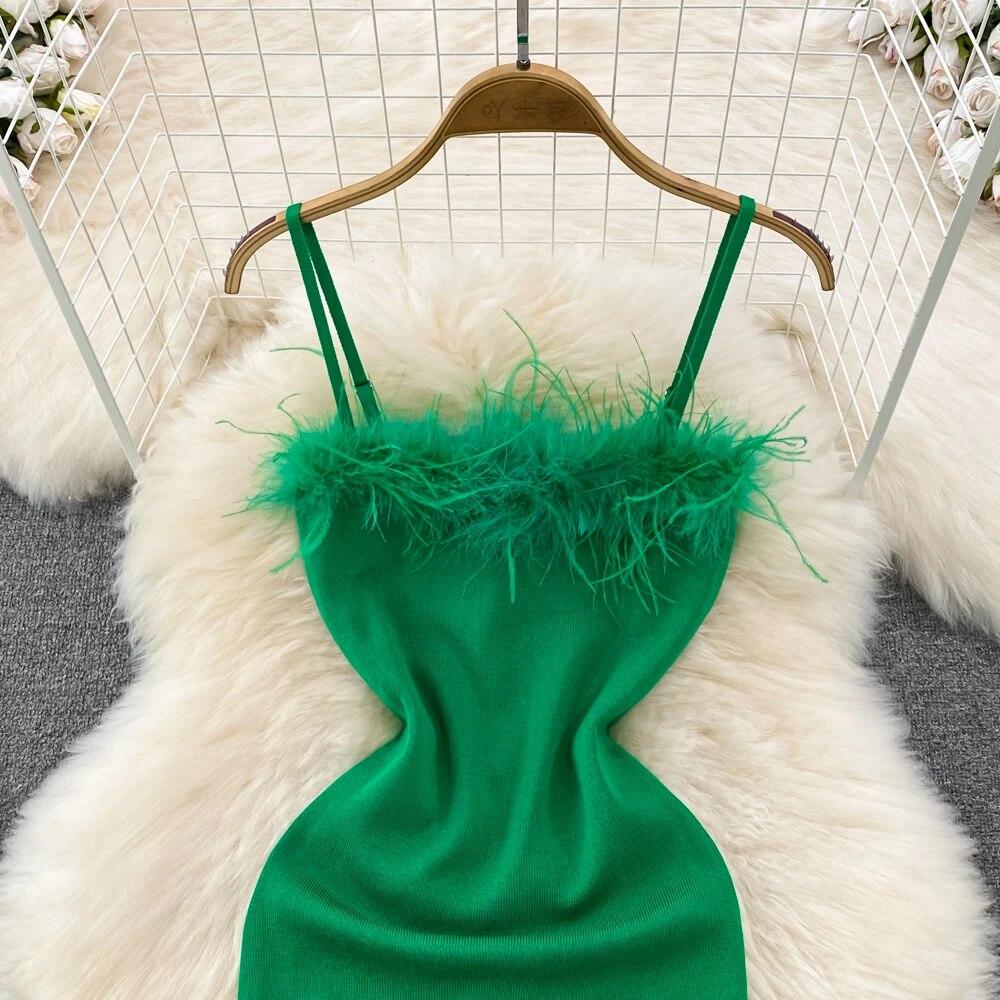 RUGOD Франция сексуальное вязаное клубное платье женское платье без рукавов с разрезом винтажное короткое платье перья монтаж зеленое тонкое платье