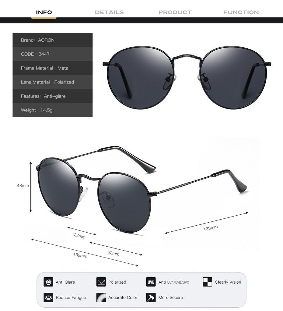 aoron Round Frame Polarized Sunglasses Fashion Design Metal Anti Glare UV400 Driving Fishing Cycling Sport Glasses for Men Women
