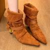 Fashion Vintage Metal Buckle Thin Folio Boots Fashion Pointed Toe Cow Suede Padded Foot Non-Slip Shorthole Stack Boots