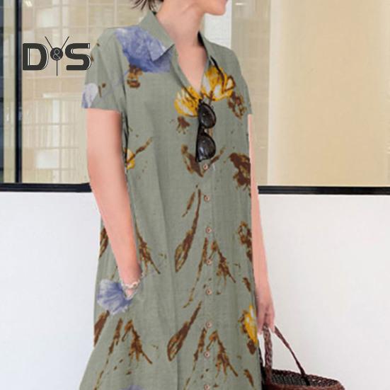 Женское летнее платье трапециевидной формы с лацканами, свободная рубашка с цветочным принтом, с короткими рукавами на пуговицах и боковыми карманами, длинное платье до щиколотки