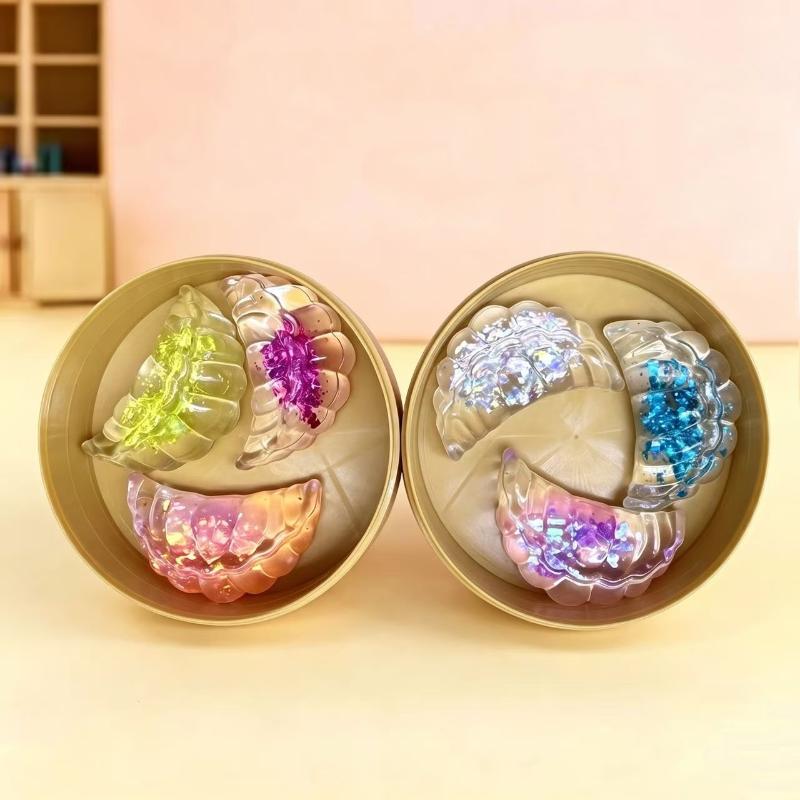 3Pcs Glitter Transparent Dumpling Fidget Toys With Steamer Portable Stress Relief Toy for Kids Adult Office Home