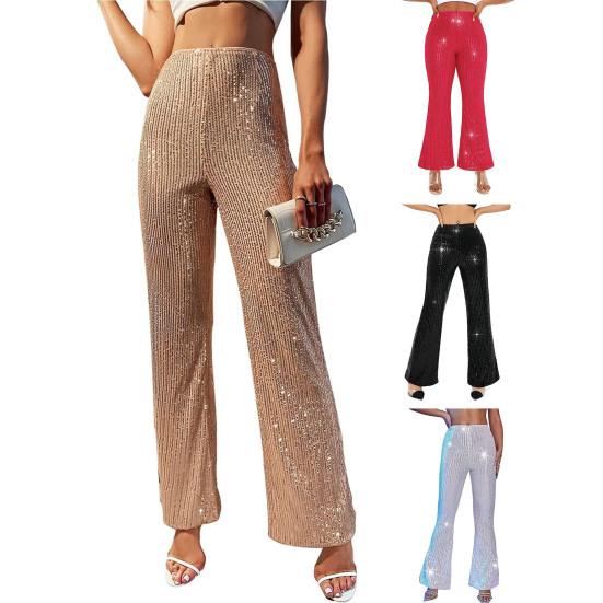 Women High Waist Sparkling Pants Wide Leg Flared Trousers Sequin Bling Party Slacks Glitter Night Out Pants Clubwear