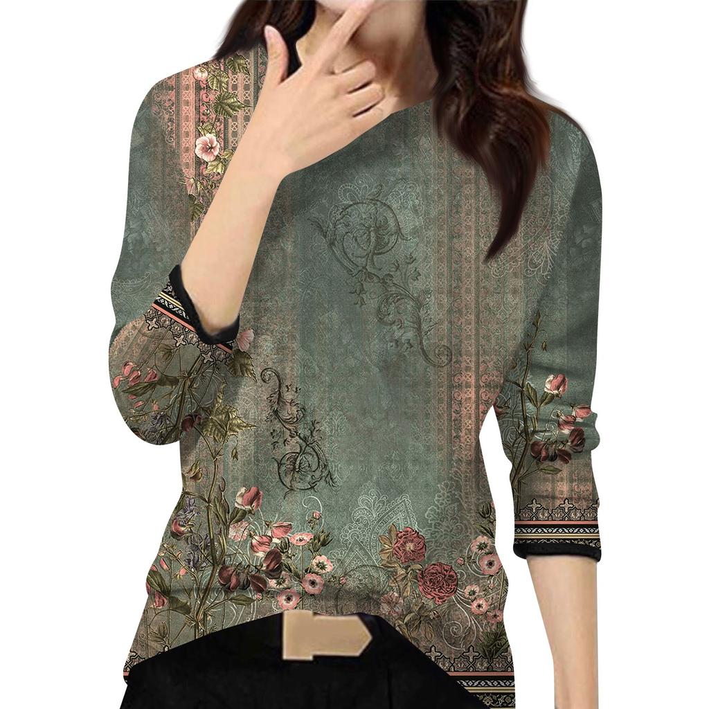 Женский повседневный модный топ с принтом, круглым вырезом и длинными рукавами, пуловер