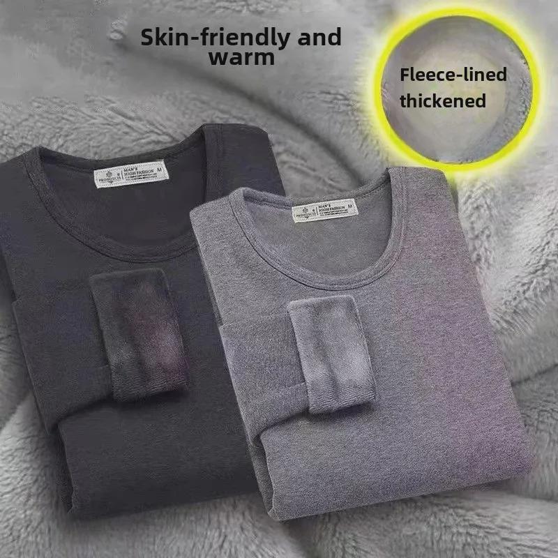 Мужская термофутболка с длинным рукавом из утолщенного бархата, облегающего кроя, однотонная