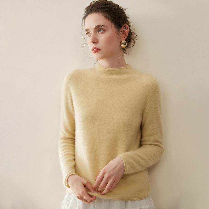 Women's Pure Cashmere Half-High Neck Sweater, Solid Color, Loose Long Sleeves, Autumn/Winter Collection.