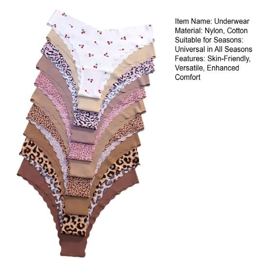 10Pcs Women Seamless Panties Soft Underwear Polka Dot Leopard Print Sexy Thongs Smooth Elastic Sports Briefs for Daily Wear Sleep